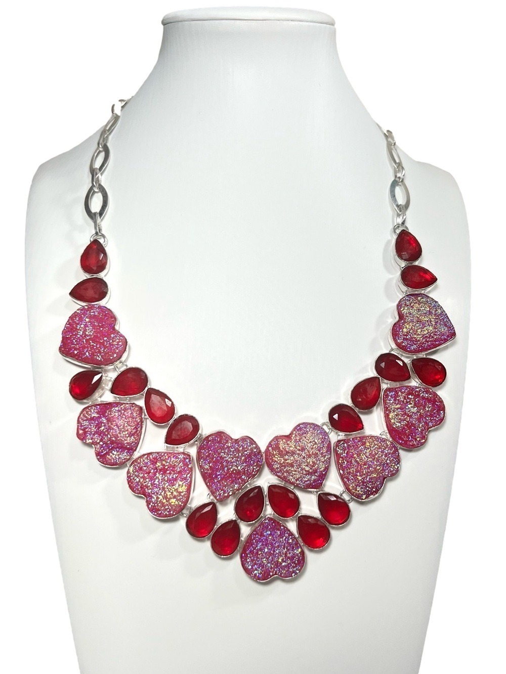 Pink Titanium Druzy Heart 925 Silver Gemstone Necklace
